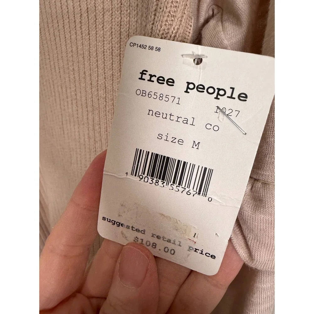 Free People Zou Bisou Sweater Dress Beige Ruffle Sleeve‎ M NWT  Boho Chic